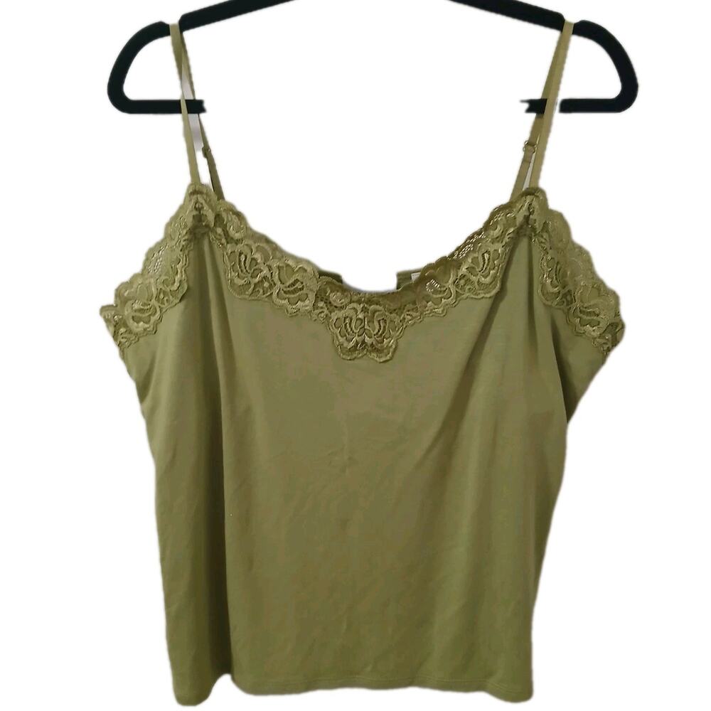 Worthington Stretch Camisole Tank Top‎ XL Green Lace Trim Sleeveless Thyme Y2K